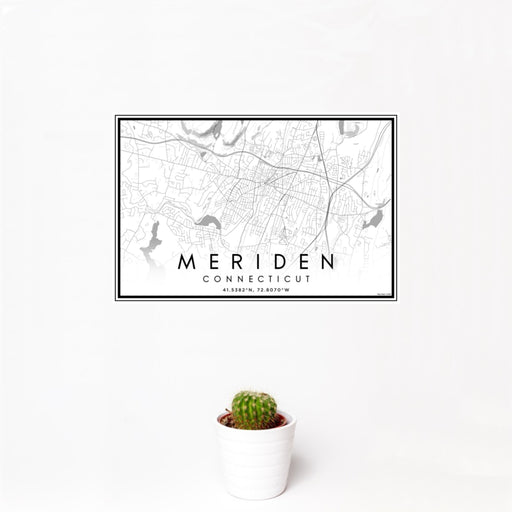 12x18 Meriden Connecticut Map Print Landscape Orientation in Classic Style With Small Cactus Plant in White Planter