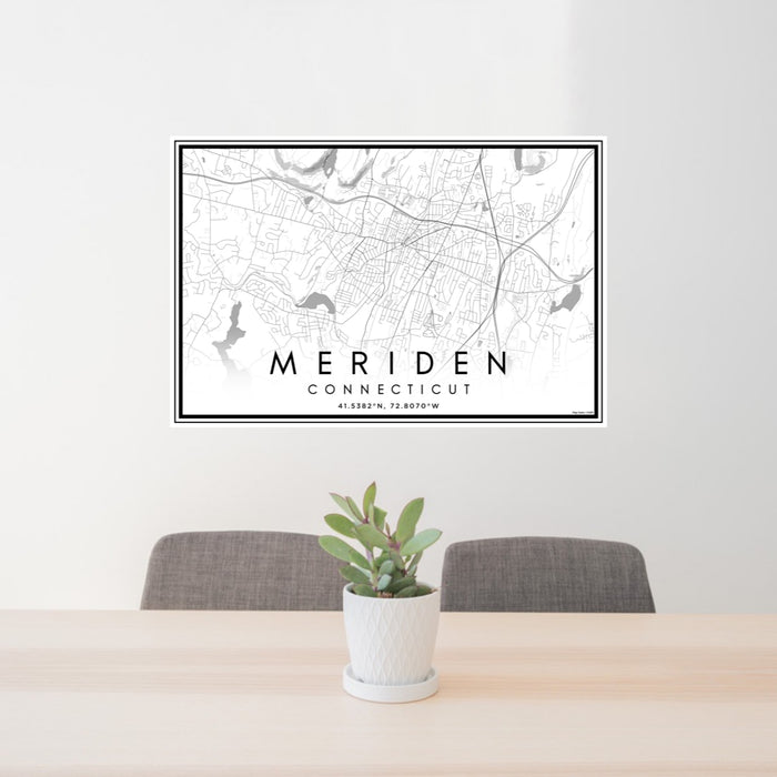 24x36 Meriden Connecticut Map Print Landscape Orientation in Classic Style Behind 2 Chairs Table and Potted Plant