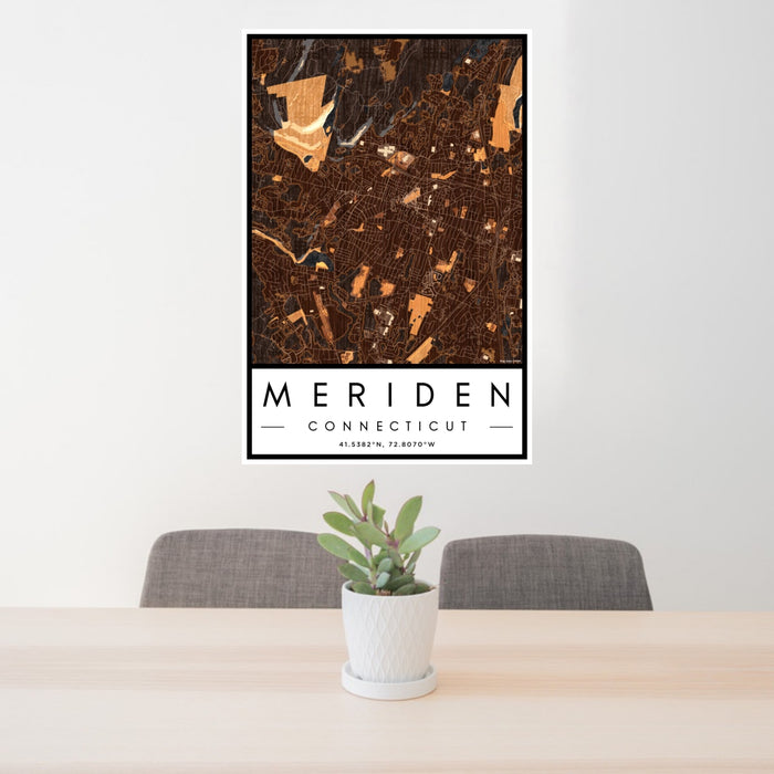 24x36 Meriden Connecticut Map Print Portrait Orientation in Ember Style Behind 2 Chairs Table and Potted Plant