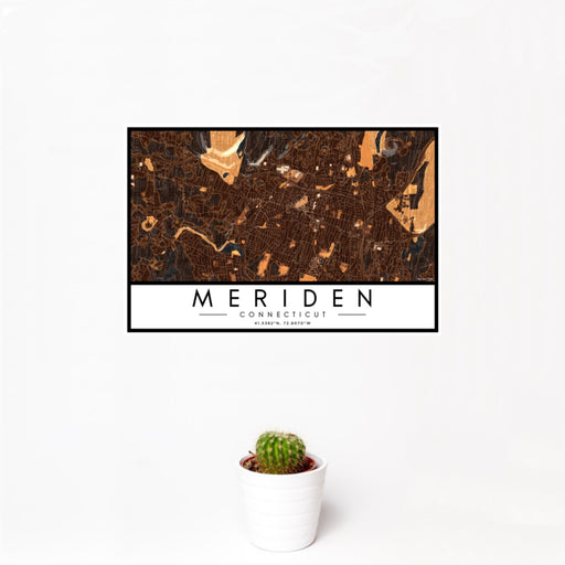 12x18 Meriden Connecticut Map Print Landscape Orientation in Ember Style With Small Cactus Plant in White Planter