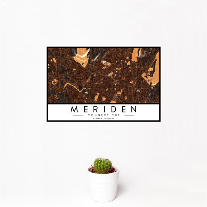 12x18 Meriden Connecticut Map Print Landscape Orientation in Ember Style With Small Cactus Plant in White Planter