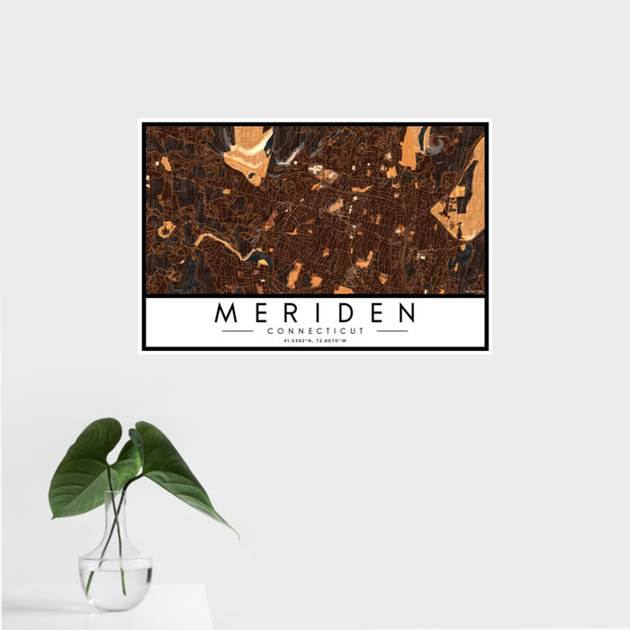16x24 Meriden Connecticut Map Print Landscape Orientation in Ember Style With Tropical Plant Leaves in Water