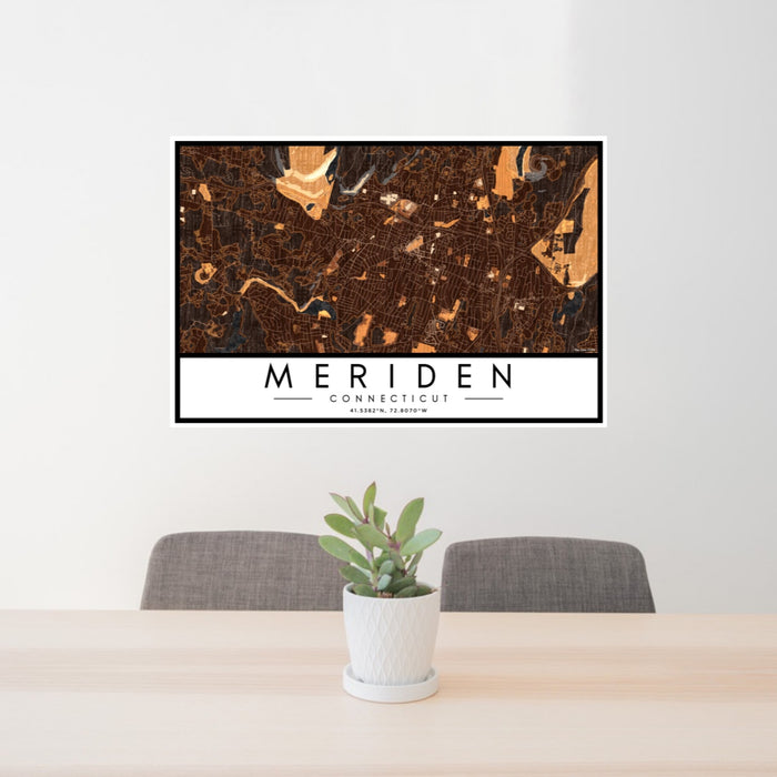 24x36 Meriden Connecticut Map Print Landscape Orientation in Ember Style Behind 2 Chairs Table and Potted Plant