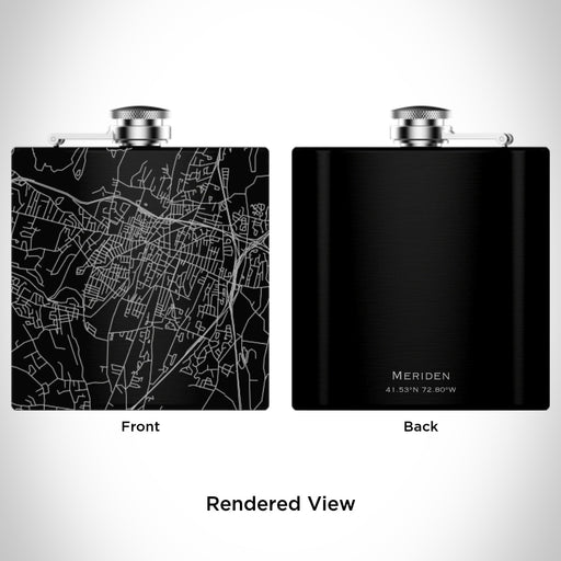 Rendered View of Meriden Connecticut Map Engraving on 6oz Stainless Steel Flask in Black