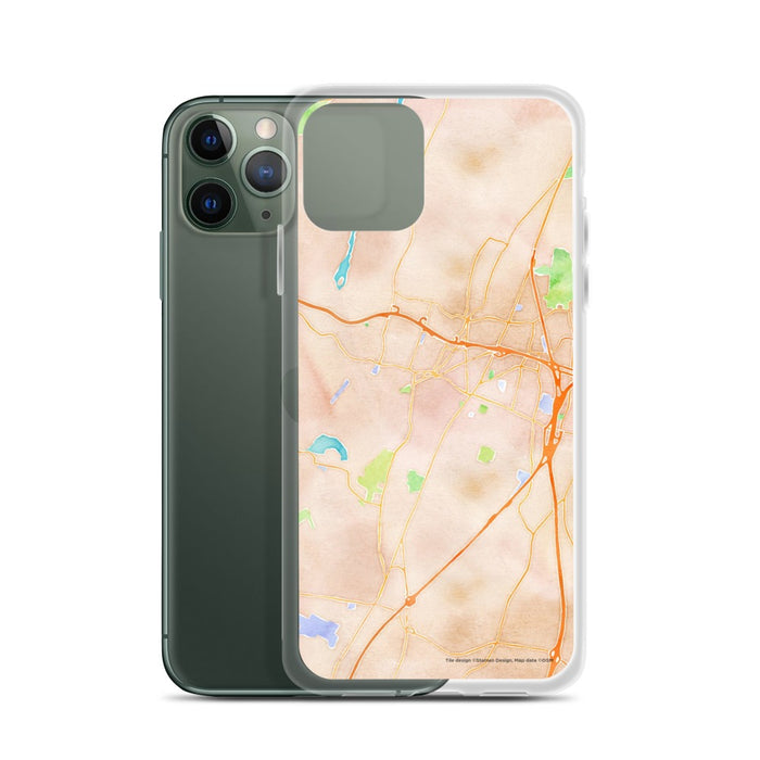 Custom Meriden Connecticut Map Phone Case in Watercolor on Table with Laptop and Plant