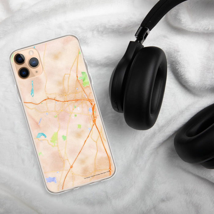 Custom Meriden Connecticut Map Phone Case in Watercolor on Table with Black Headphones