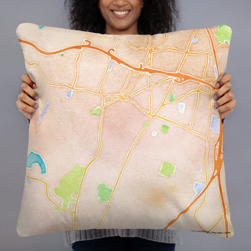 Person holding 22x22 Custom Meriden Connecticut Map Throw Pillow in Watercolor
