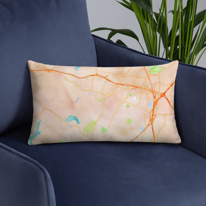 Custom Meriden Connecticut Map Throw Pillow in Watercolor on Blue Colored Chair