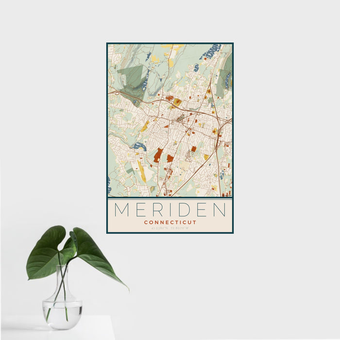 16x24 Meriden Connecticut Map Print Portrait Orientation in Woodblock Style With Tropical Plant Leaves in Water