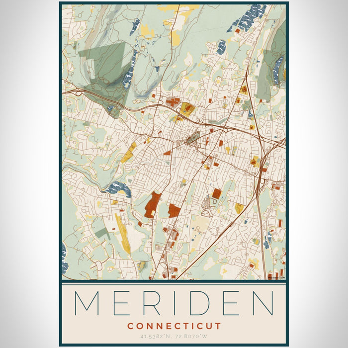 Meriden Connecticut Map Print Portrait Orientation in Woodblock Style With Shaded Background
