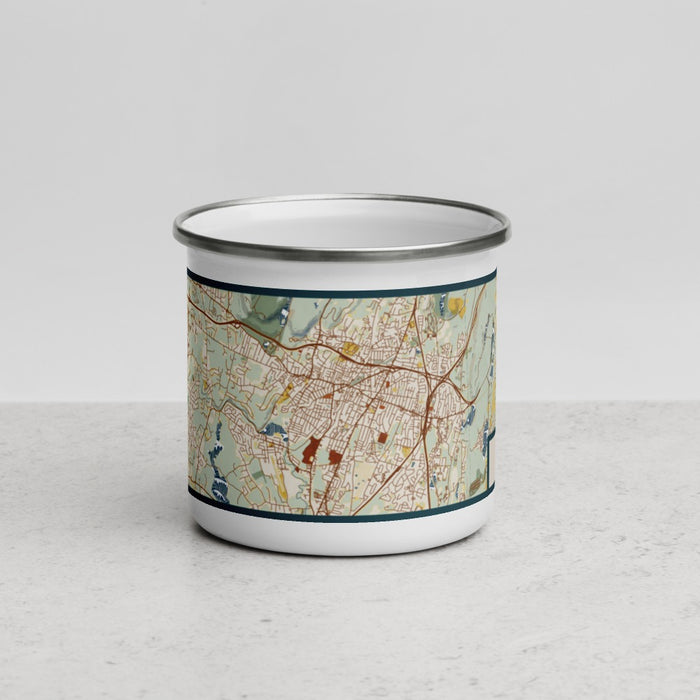 Front View Custom Meriden Connecticut Map Enamel Mug in Woodblock