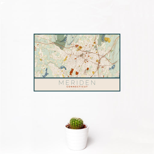12x18 Meriden Connecticut Map Print Landscape Orientation in Woodblock Style With Small Cactus Plant in White Planter