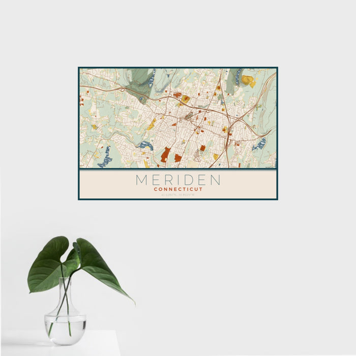 16x24 Meriden Connecticut Map Print Landscape Orientation in Woodblock Style With Tropical Plant Leaves in Water