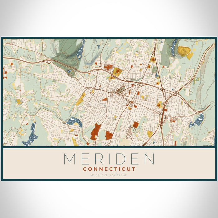 Meriden Connecticut Map Print Landscape Orientation in Woodblock Style With Shaded Background