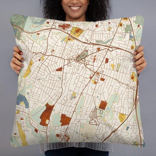 Person holding 22x22 Custom Meriden Connecticut Map Throw Pillow in Woodblock