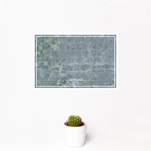 12x18 Meridian Idaho Map Print Landscape Orientation in Afternoon Style With Small Cactus Plant in White Planter