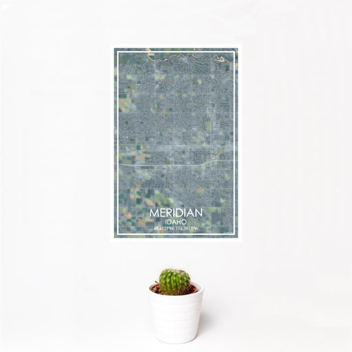 12x18 Meridian Idaho Map Print Portrait Orientation in Afternoon Style With Small Cactus Plant in White Planter
