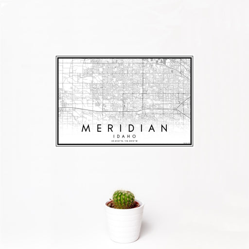 12x18 Meridian Idaho Map Print Landscape Orientation in Classic Style With Small Cactus Plant in White Planter