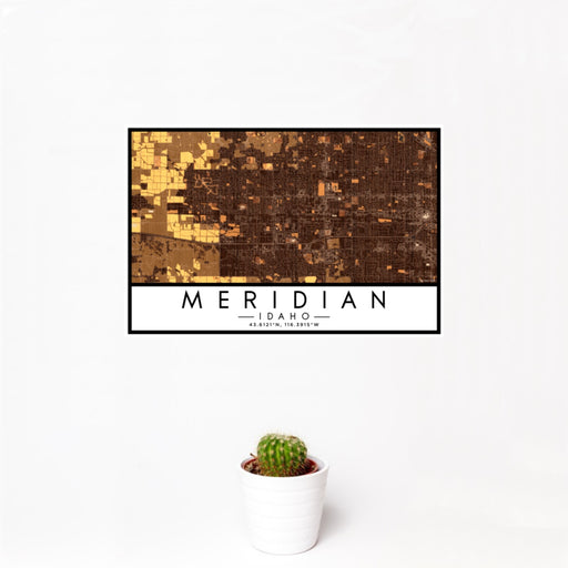 12x18 Meridian Idaho Map Print Landscape Orientation in Ember Style With Small Cactus Plant in White Planter