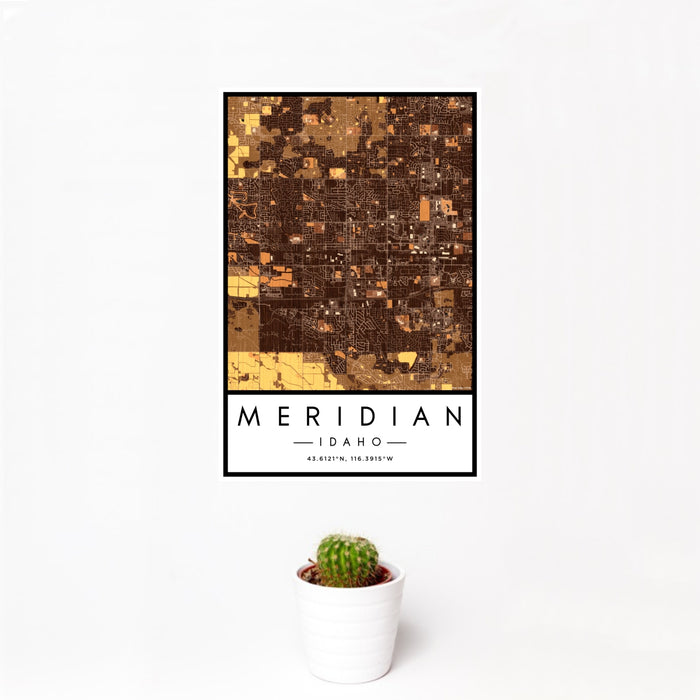 12x18 Meridian Idaho Map Print Portrait Orientation in Ember Style With Small Cactus Plant in White Planter