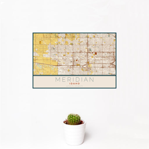 12x18 Meridian Idaho Map Print Landscape Orientation in Woodblock Style With Small Cactus Plant in White Planter