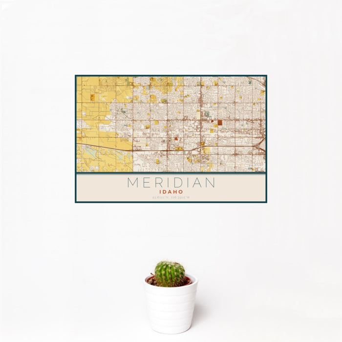 12x18 Meridian Idaho Map Print Landscape Orientation in Woodblock Style With Small Cactus Plant in White Planter