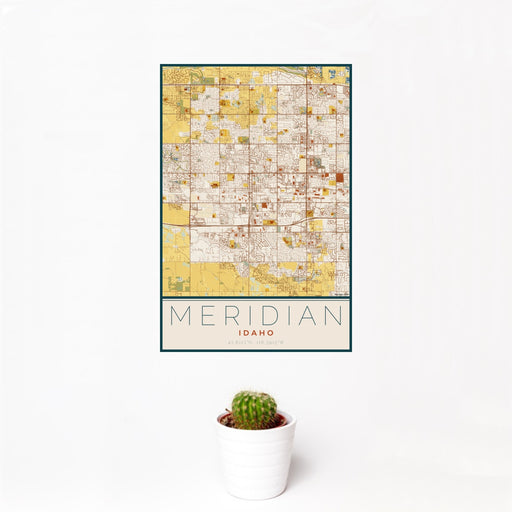 12x18 Meridian Idaho Map Print Portrait Orientation in Woodblock Style With Small Cactus Plant in White Planter