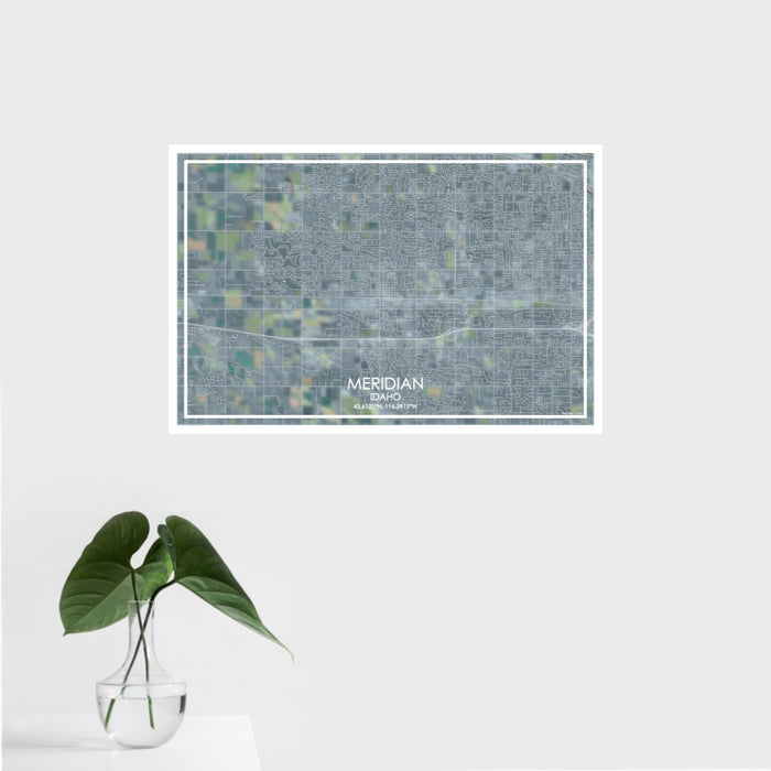 16x24 Meridian Idaho Map Print Landscape Orientation in Afternoon Style With Tropical Plant Leaves in Water