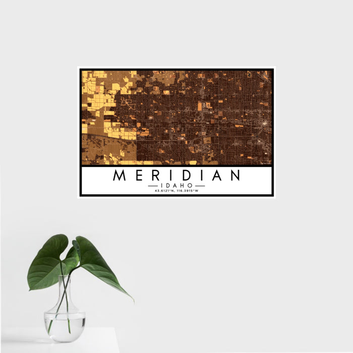 16x24 Meridian Idaho Map Print Landscape Orientation in Ember Style With Tropical Plant Leaves in Water