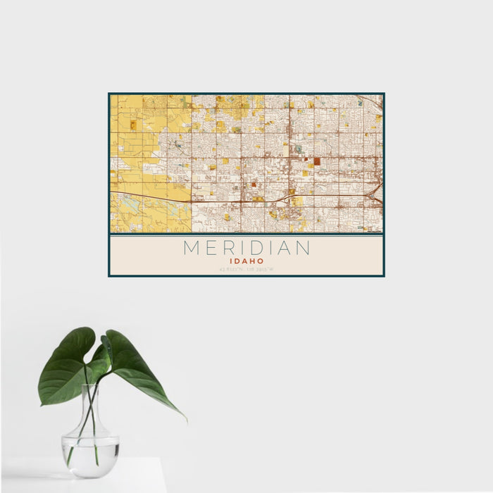 16x24 Meridian Idaho Map Print Landscape Orientation in Woodblock Style With Tropical Plant Leaves in Water