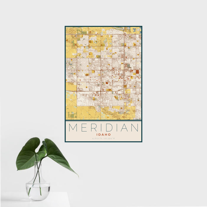 16x24 Meridian Idaho Map Print Portrait Orientation in Woodblock Style With Tropical Plant Leaves in Water