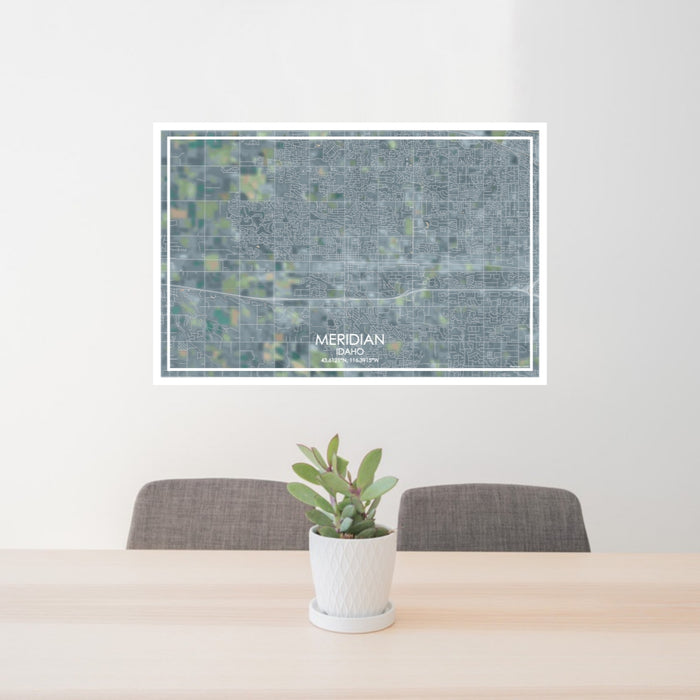 24x36 Meridian Idaho Map Print Lanscape Orientation in Afternoon Style Behind 2 Chairs Table and Potted Plant