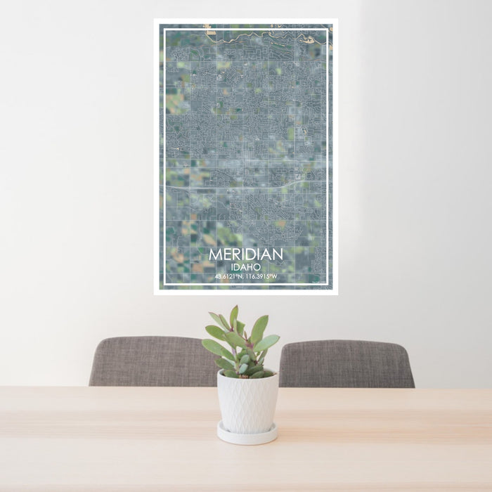 24x36 Meridian Idaho Map Print Portrait Orientation in Afternoon Style Behind 2 Chairs Table and Potted Plant