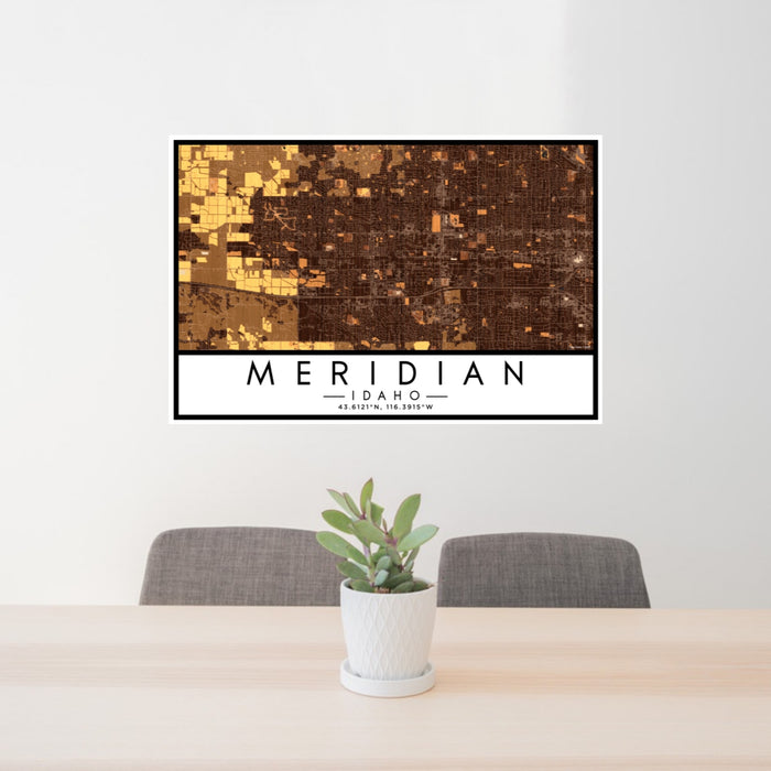 24x36 Meridian Idaho Map Print Lanscape Orientation in Ember Style Behind 2 Chairs Table and Potted Plant