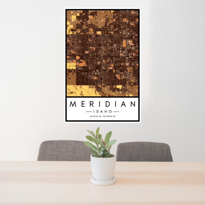 24x36 Meridian Idaho Map Print Portrait Orientation in Ember Style Behind 2 Chairs Table and Potted Plant