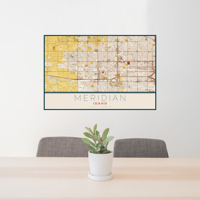 24x36 Meridian Idaho Map Print Lanscape Orientation in Woodblock Style Behind 2 Chairs Table and Potted Plant