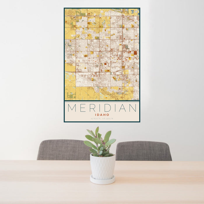 24x36 Meridian Idaho Map Print Portrait Orientation in Woodblock Style Behind 2 Chairs Table and Potted Plant