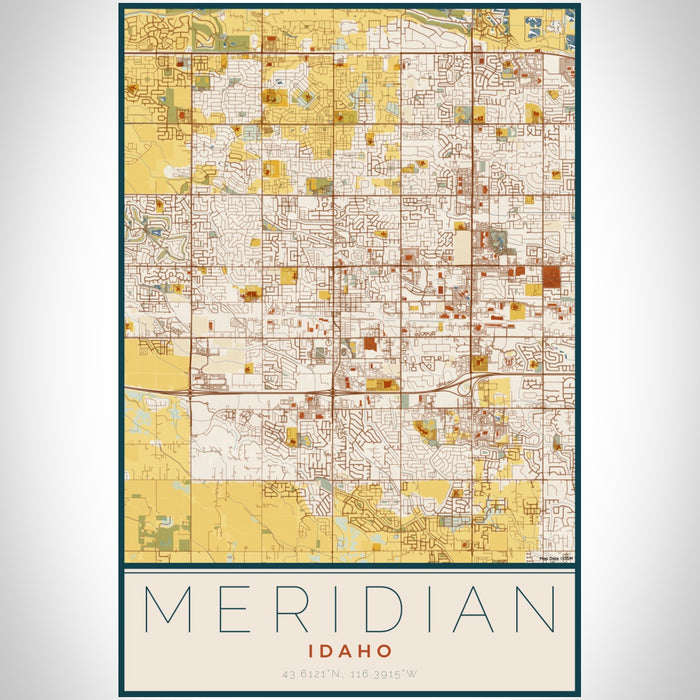 Meridian Idaho Map Print Portrait Orientation in Woodblock Style With Shaded Background
