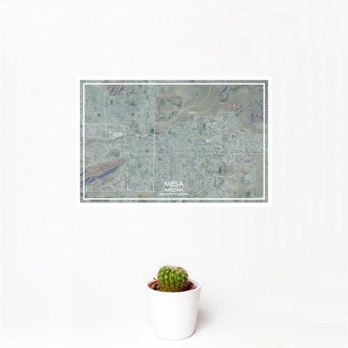 12x18 Mesa Arizona Map Print Landscape Orientation in Afternoon Style With Small Cactus Plant in White Planter