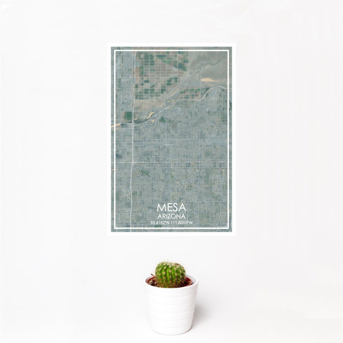 12x18 Mesa Arizona Map Print Portrait Orientation in Afternoon Style With Small Cactus Plant in White Planter