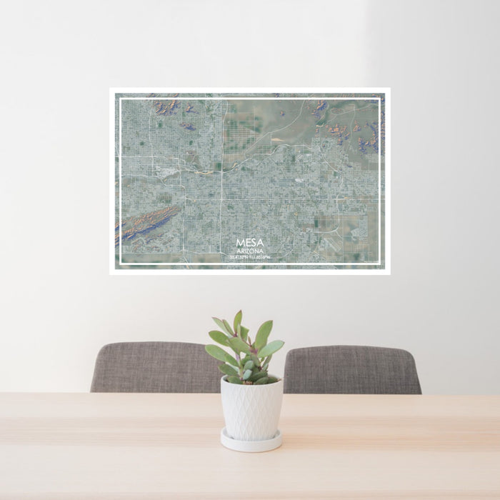 24x36 Mesa Arizona Map Print Lanscape Orientation in Afternoon Style Behind 2 Chairs Table and Potted Plant