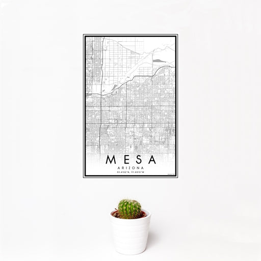 12x18 Mesa Arizona Map Print Portrait Orientation in Classic Style With Small Cactus Plant in White Planter