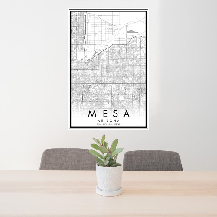 24x36 Mesa Arizona Map Print Portrait Orientation in Classic Style Behind 2 Chairs Table and Potted Plant
