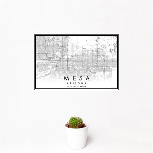 12x18 Mesa Arizona Map Print Landscape Orientation in Classic Style With Small Cactus Plant in White Planter