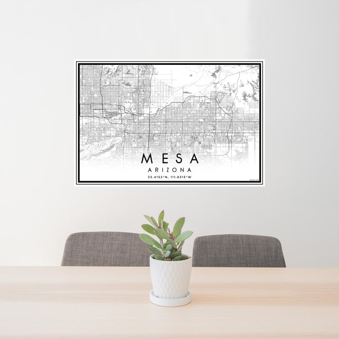 24x36 Mesa Arizona Map Print Landscape Orientation in Classic Style Behind 2 Chairs Table and Potted Plant