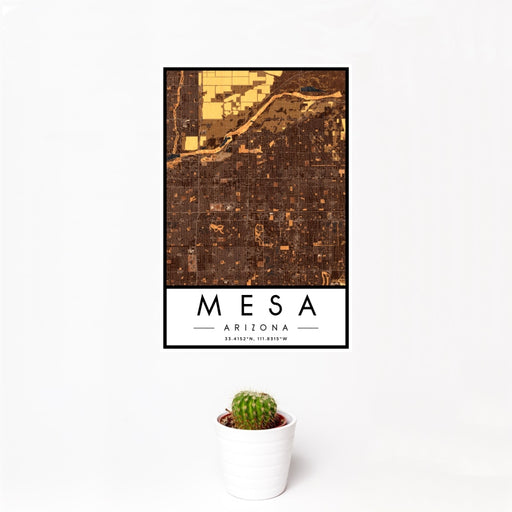 12x18 Mesa Arizona Map Print Portrait Orientation in Ember Style With Small Cactus Plant in White Planter