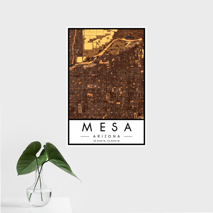 16x24 Mesa Arizona Map Print Portrait Orientation in Ember Style With Tropical Plant Leaves in Water