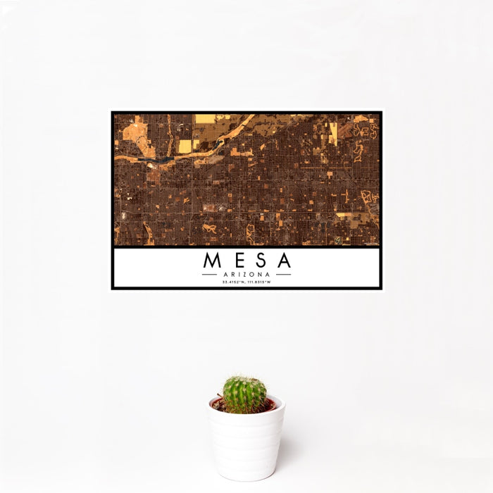 12x18 Mesa Arizona Map Print Landscape Orientation in Ember Style With Small Cactus Plant in White Planter