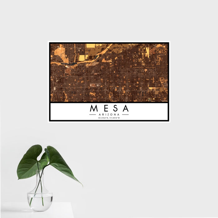 16x24 Mesa Arizona Map Print Landscape Orientation in Ember Style With Tropical Plant Leaves in Water