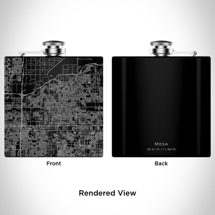 Rendered View of Mesa Arizona Map Engraving on 6oz Stainless Steel Flask in Black